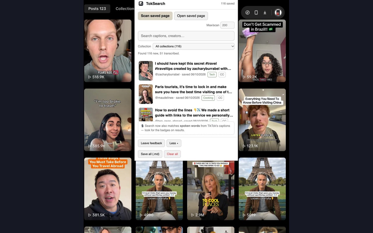 TokSearch search results with thumbnails, collection tags, and spoken-word CC badges