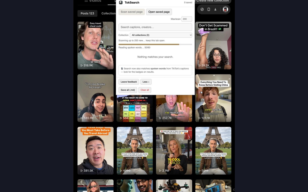 TokSearch scanning saved videos with a live progress bar reading spoken words