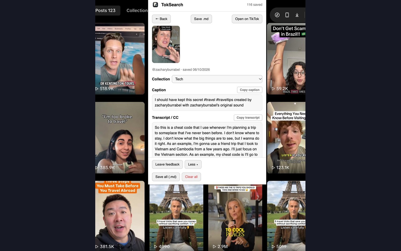 TokSearch video detail showing the caption and full spoken-word transcript